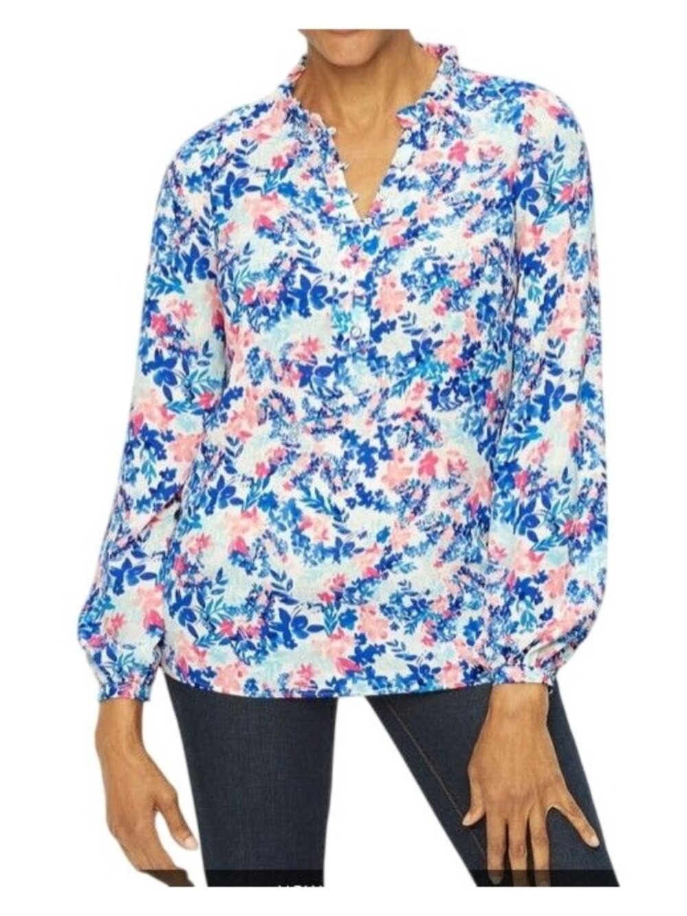 Talbots Ruffle Trim Popover Lightweight and feminine blouson sleeve Size L  $99